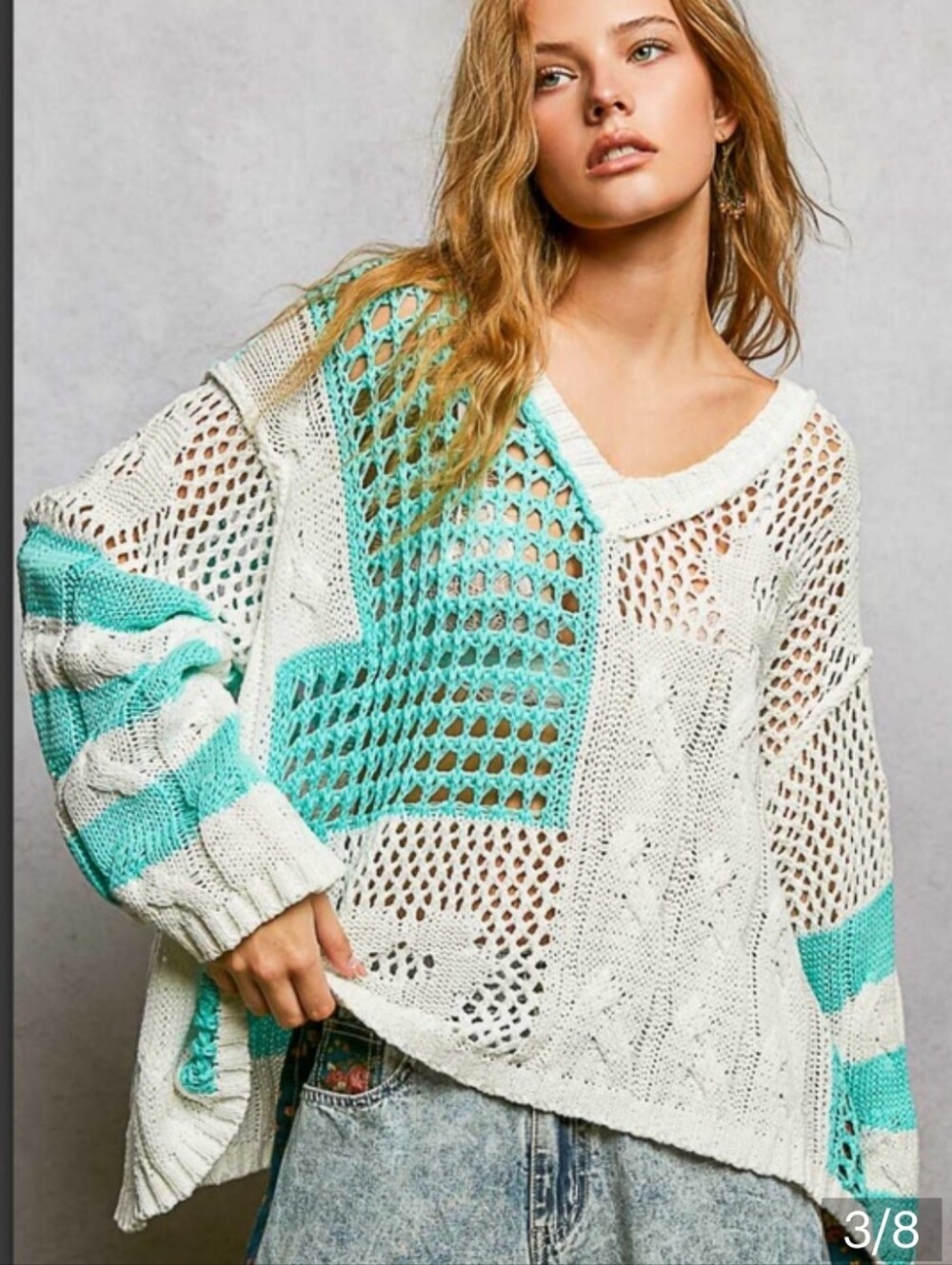 POL Cream & Mint Green Open-Knit V-Neck Sweater